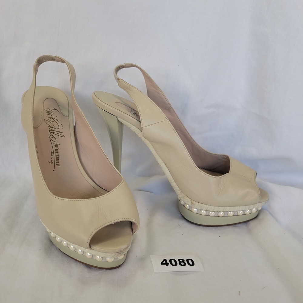 Le Silla Enio Silla Beige Leather Pearl Peep Toe Slingback Platform Heels 40